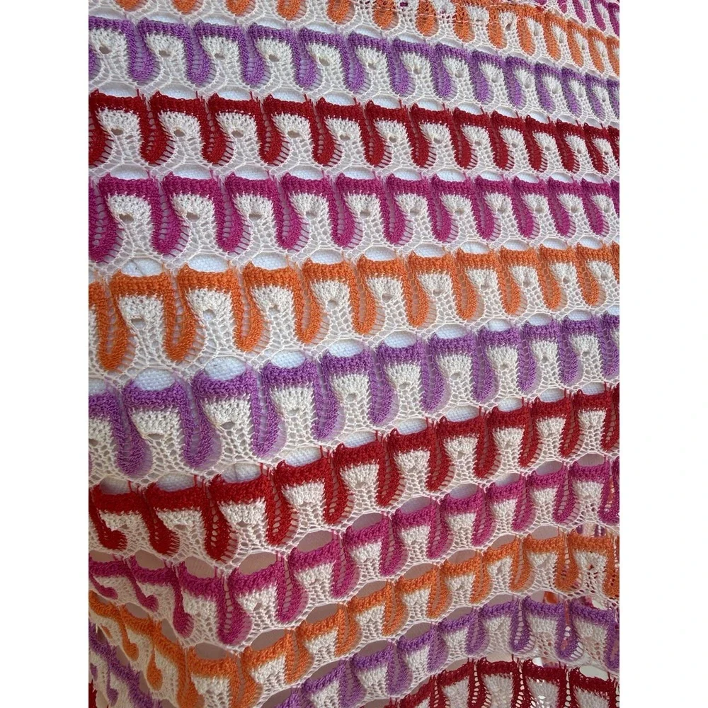 Womens Crochet Knit Crop Top Pink Orange Sheer Long Sleeve Beach Cover Up Boho
